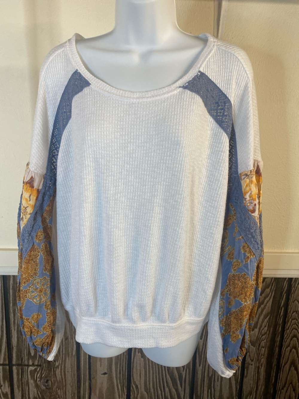 Free People White Scoop-Neck Sweater with Blue and Gold Printed Balloon Sleeves